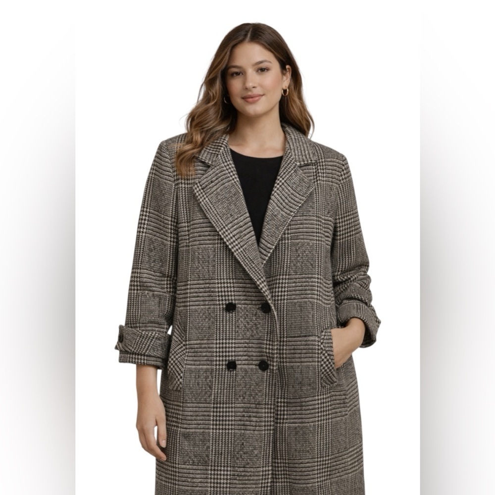 1.	Vintage Black White Plaid Long Coat Double Breasted